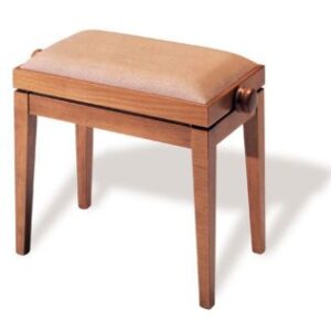 A wooden stool with brown leather seat and handle.