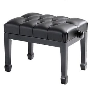 A black piano bench with a tufted seat.