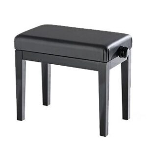 A black piano bench with a handle on the side.