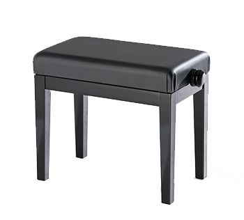 A black piano bench with a handle on the side.