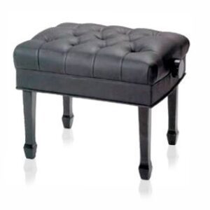 A black bench with wheels and a tufted seat.