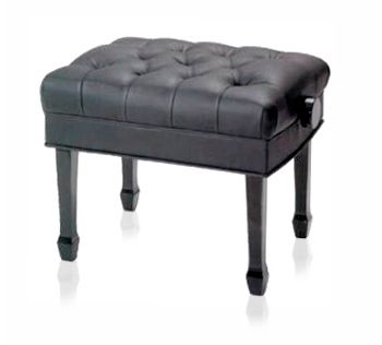 A black bench with wheels and a tufted seat.