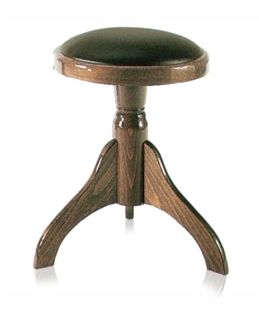 A wooden stool with a black seat and three legs.