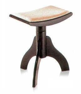 A wooden stool with a tan seat and black base.