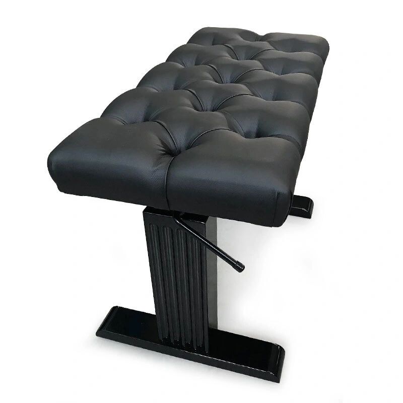 A black bench with a metal frame and leather seat.