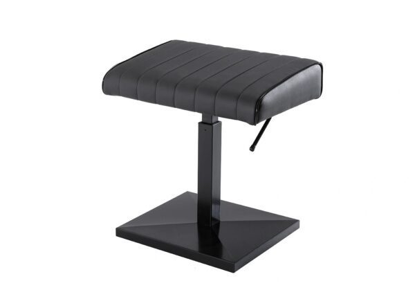 A black stool with a metal base and leather seat.