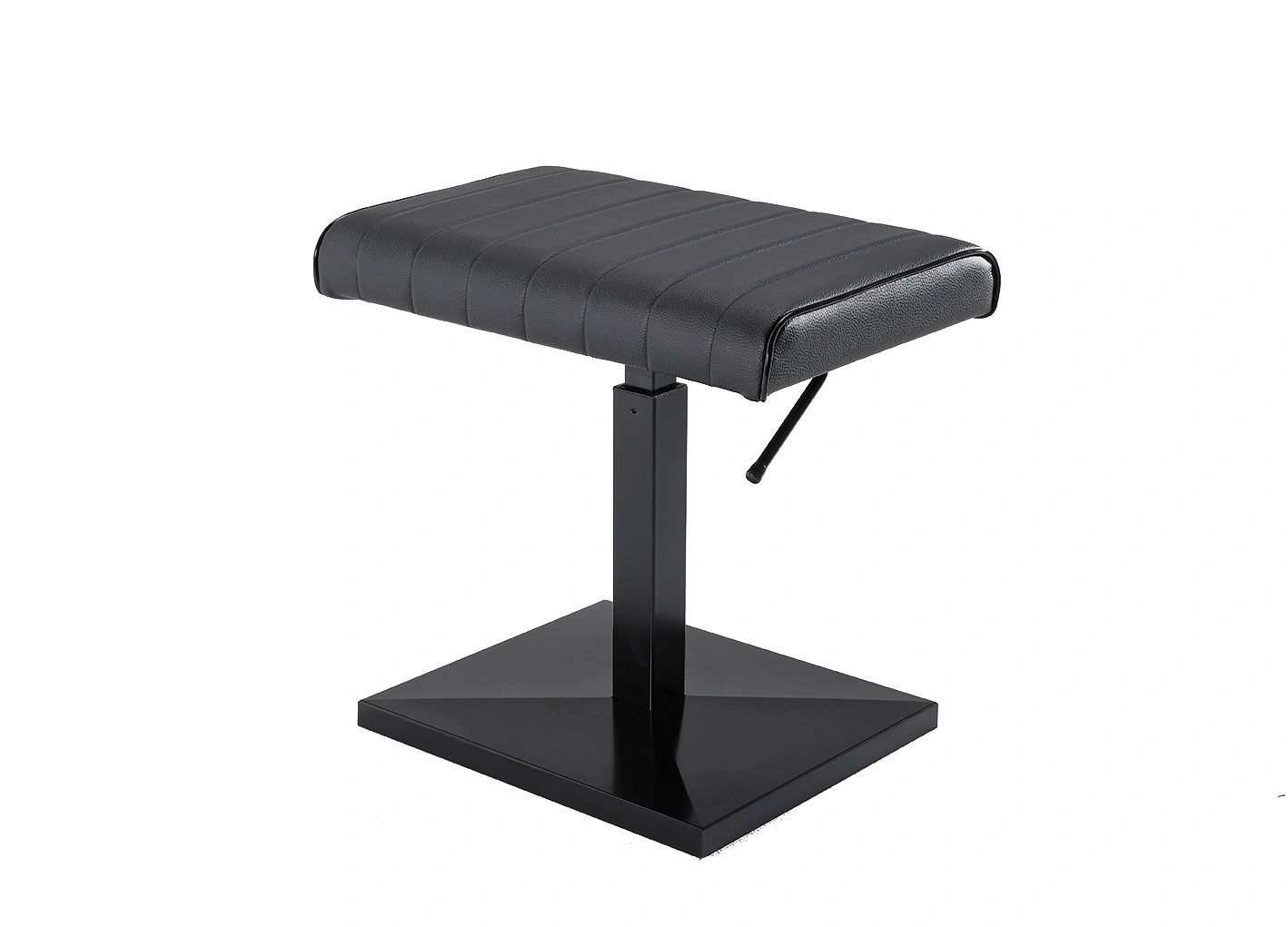 A black stool with a metal base and leather seat.