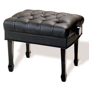 A black bench with a wooden frame and a leather seat.