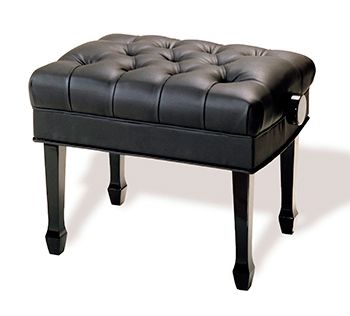 A black bench with a wooden frame and a leather seat.