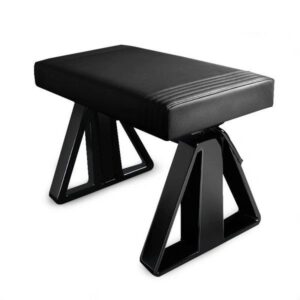 A black bench sitting on top of a metal stand.