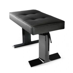 A black bench with metal legs and a button on the seat.