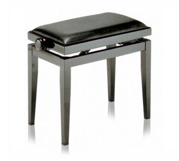 A piano bench with black leather seat and metal legs.