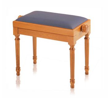 A wooden bench with blue seat cushion on top of it.