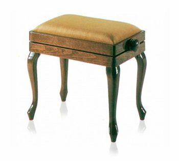 A wooden stool with a brown cushion on top of it.