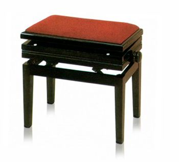 A piano bench with red seat cushion and black legs.